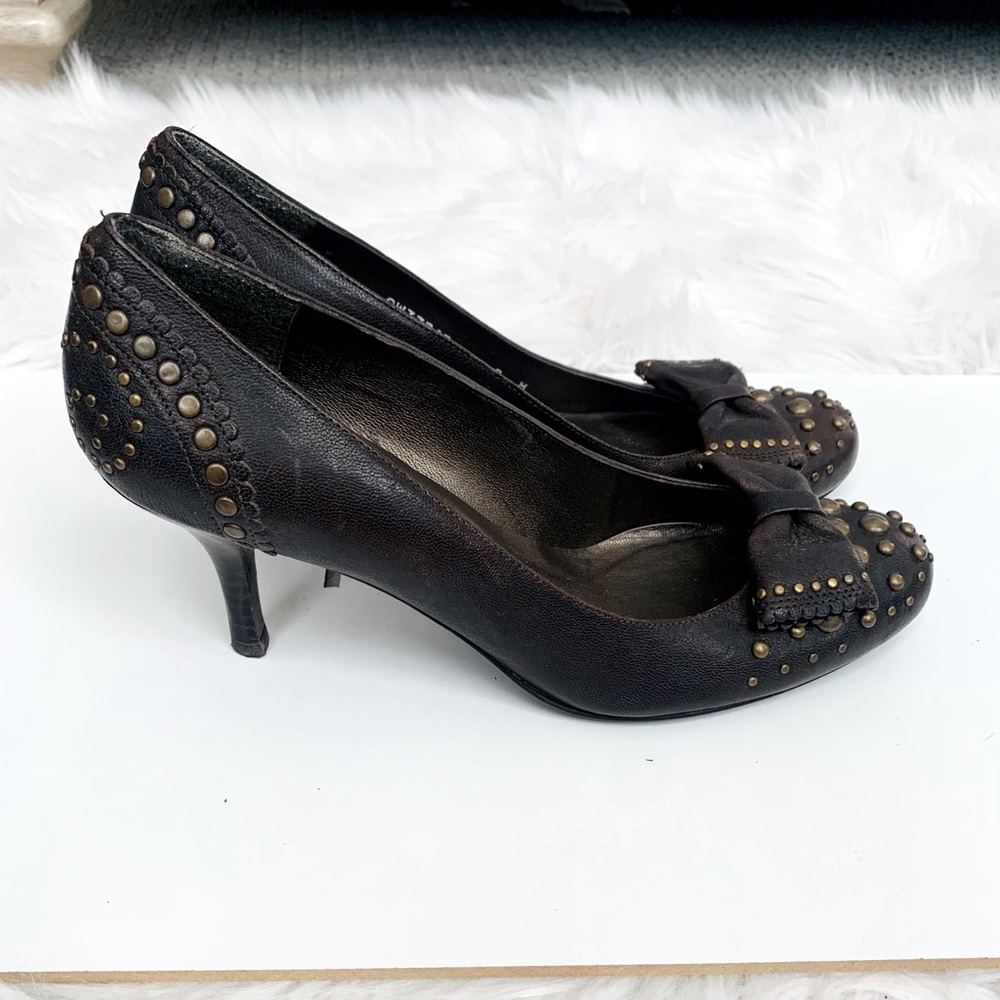 Stuart Weitzman Studded Dark Brown Round toe Pumps